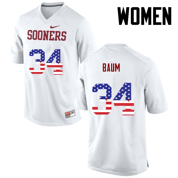 Women Oklahoma Sooners #34 Tanner Baum College Football USA Flag Fashion Jerseys-White - Click Image to Close